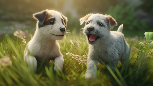 可爱插画插图两只逼真的小狗背景背景