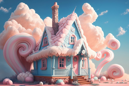 梦幻蓝色边框粉色梦幻美丽房子插画