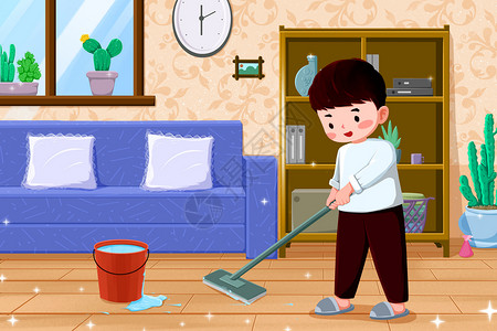 清洁室内做家务的男生插画插画