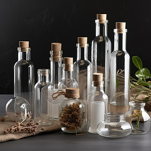 透明酒瓶素材多个空玻璃瓶插画