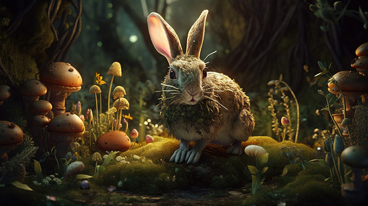 林中蘑菇林中兔子插画