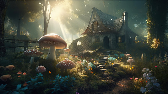 林中蘑菇林中小屋插画