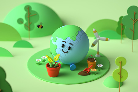 卡通喷壶3D卡通地球新能源小场景设计图片