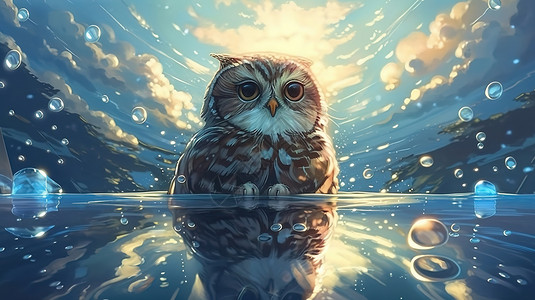 水里的猫头鹰插画背景图片