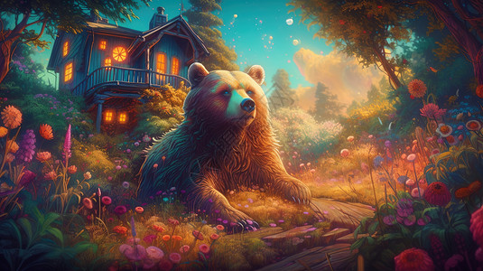 梦幻丛林房屋旁的熊熊背景图片
