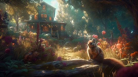 梦幻丛林房屋旁的松鼠背景图片