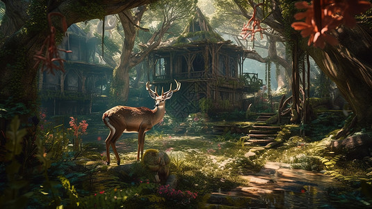 梦幻丛林房屋旁的麋鹿图片
