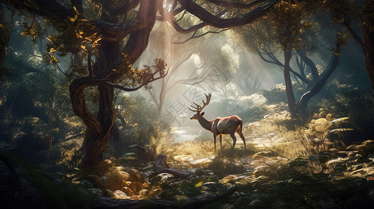 梦幻丛林房屋旁的麋鹿背景图片