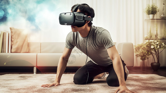 室内全景VR写实人物带vr眼镜插画