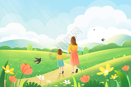 春天母亲节母女牵手户外散步插画图片