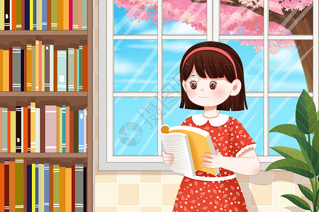 窗边学习窗边读书的女孩插画