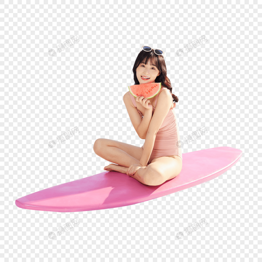 拿着西瓜坐在冲浪板上的泳装美女图片