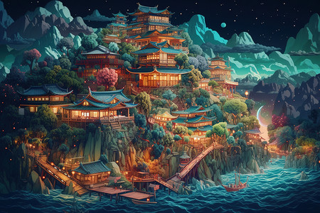 文化概念中国风复古风景插画