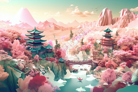概念桥中国风风景插画