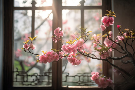 窗外植物窗外的桃花背景