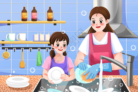 洗碗块劳动节女孩和母亲学习做家务洗碗插画插画