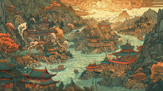 中国路素材壮观风景画插画