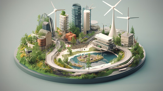 水培绿植城市建筑模型插画