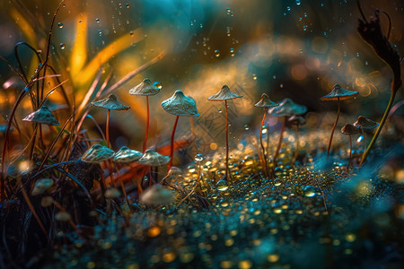 带露水的蘑菇下雨微观风景图插画