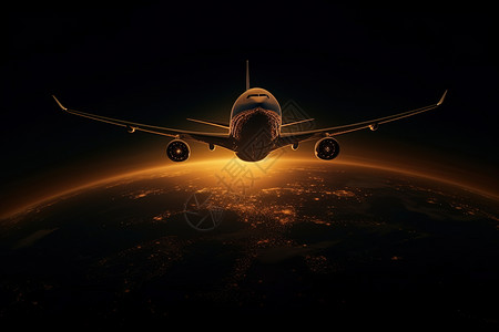夕阳下行驶的飞机图片
