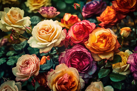 绽放的多彩玫瑰花束背景图片