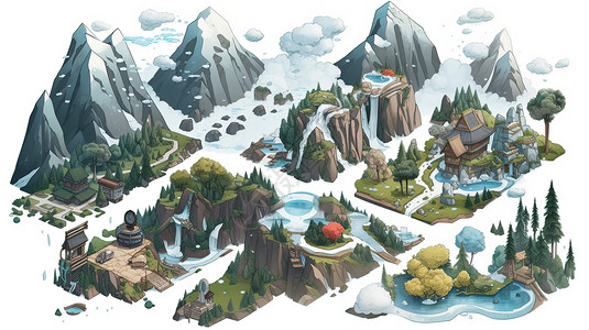 雪山村落动漫图背景图片