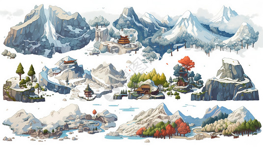 山地景色雪山景色动漫插画图插画