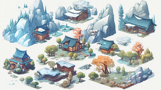 雪山房屋动漫图背景图片