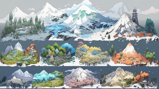 雪山树木动漫图背景图片
