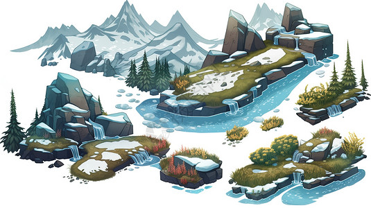 雪山河流动漫图背景图片