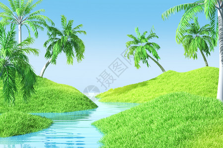 流过夏季椰树场景设计图片