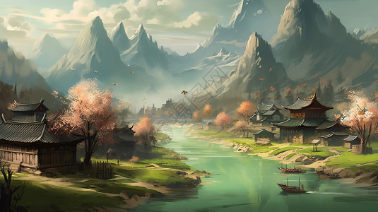 中国园林建筑桃花林风景背景图片