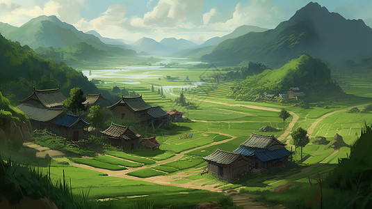 中国村庄清明节气绿意盎然的村庄田野场景风景插画