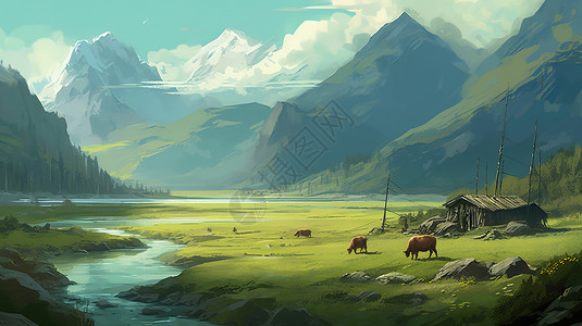 清明节气山川草原上的牛群风景图片