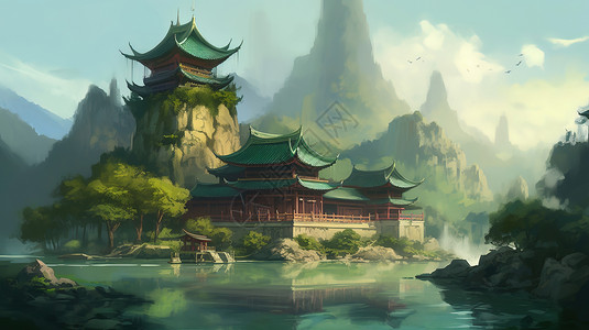 中国风复古建筑山谷风景场景图片