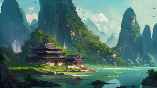 中国古代园林建筑场景背景图片