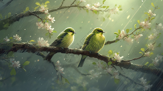 春天节气樱花树枝上的小鸟背景图片