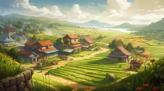 稻田图案绿意盎然的村庄田野场景风景插画