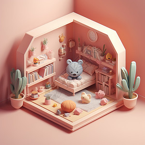 娃娃屋粉色小房间模型插画