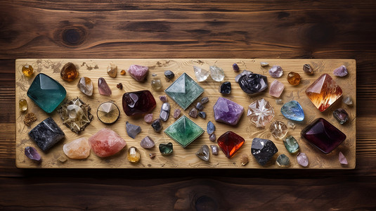 木板上的彩色水晶晶石背景图片