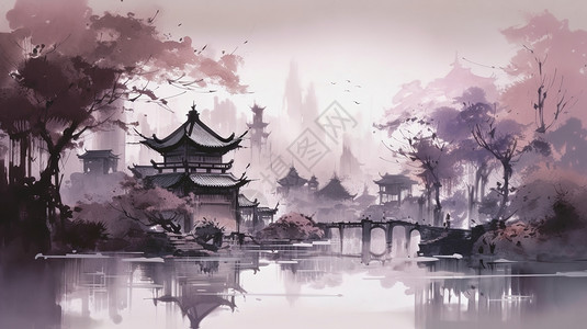 水墨亭台楼阁中国风复古建筑图片插画