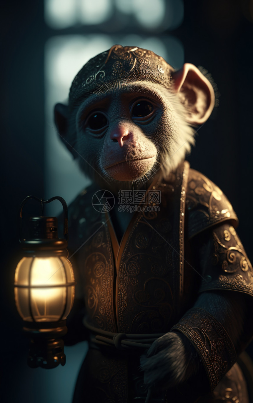 猴子穿着汉服举着灯图片