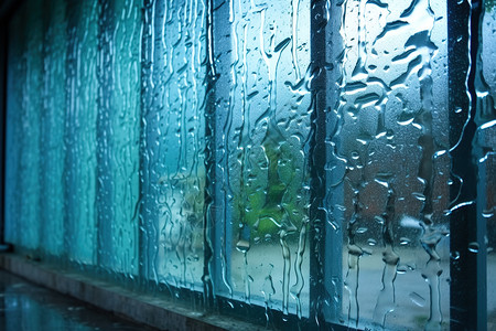水蓝色窗帘玻璃窗上的雨水插画