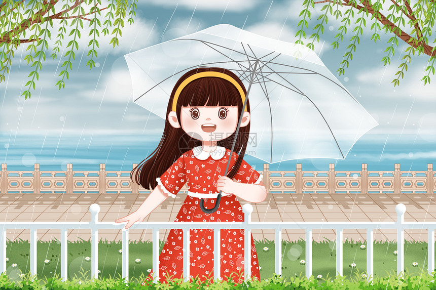 雨中撑伞的女孩图片