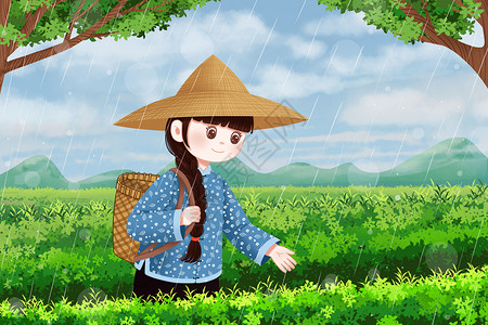 雨天里回忆雨中田野里的女孩插画