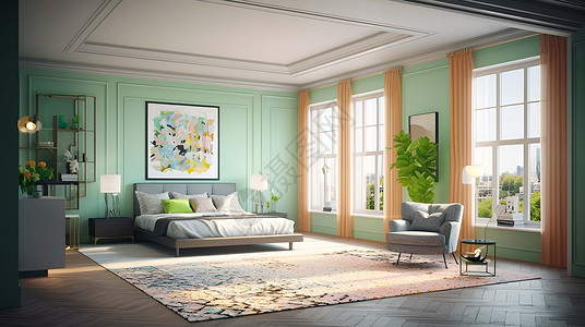 绿色效果图舒适的卧室插画