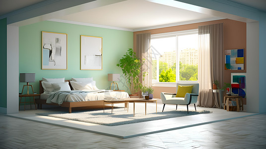 绿色效果图漂亮的卧室插画