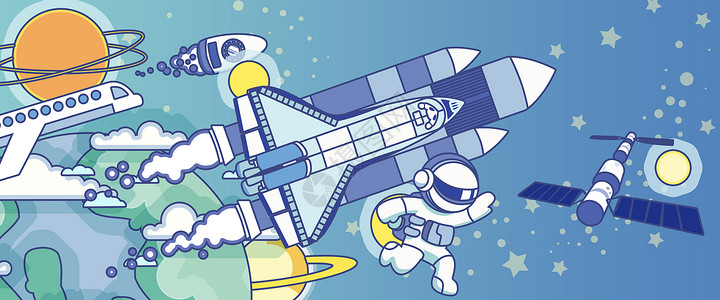 宇航员海报世界航天日中国航天日宇宙线描扁平风插画Banner插画