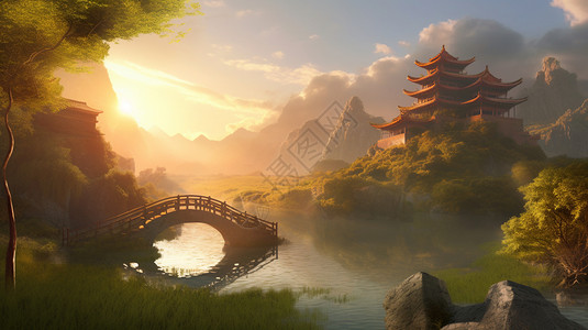 中式石桥中式风景概念插画2插画