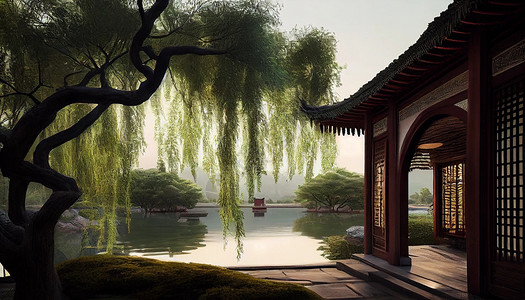 手绘中式江南风景背景图片